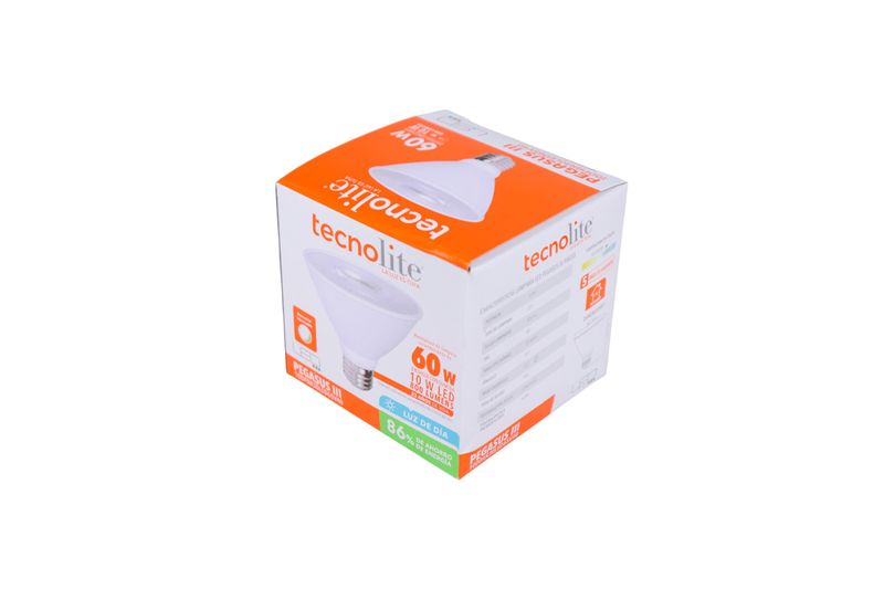 Bombillo PAR30 10 W E27 800 lm 6500 K dimeable Tecnolite, en su caja naranja y blanca con ilustración del producto