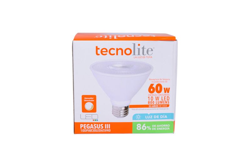 Bombillo PAR30 10 W E27 800 lm 6500 K Tecnolite, empaque frontal blanco y naranja con ilustración del producto