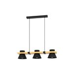 Lámpara colgante Maccles 3L E27 negro/madera Eglo, vista frontal de tres pantallas negras sobre base de madera