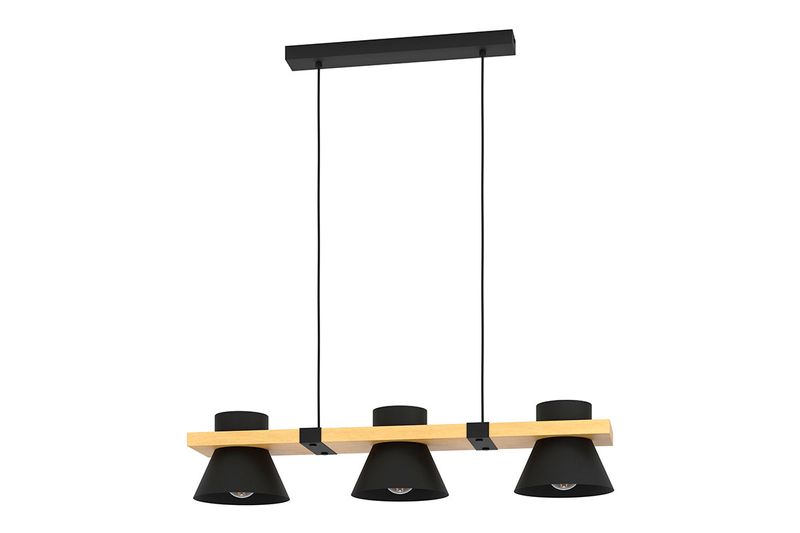 Lámpara colgante Maccles 3L E27 negro/madera Eglo, vista frontal de tres pantallas negras sobre base de madera