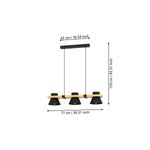 Lámpara colgante Maccles 3L E27 negro/madera Eglo, gráfico con dimensiones de ancho y alto en centímetros y pulgadas