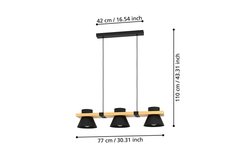 Lámpara colgante Maccles 3L E27 negro/madera Eglo, gráfico con dimensiones de ancho y alto en centímetros y pulgadas