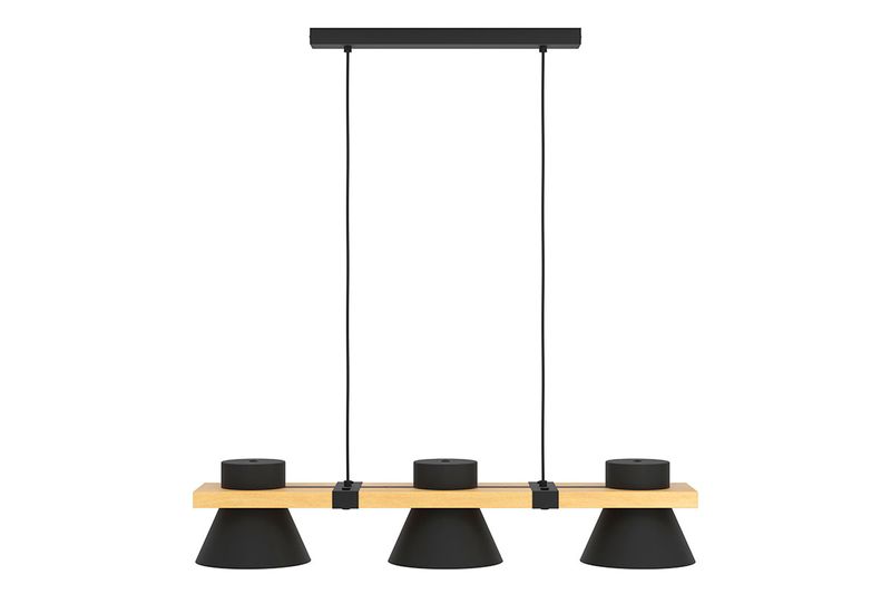 Lámpara colgante Maccles 3L E27 negro/madera Eglo, vista frontal completa con tres pantallas negras y soporte de madera