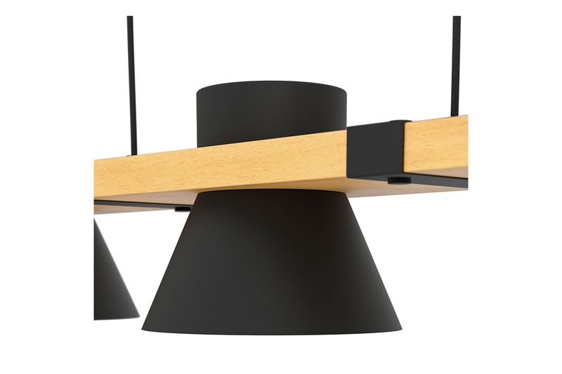 Lámpara colgante Maccles 3L E27 negro/madera Eglo, primer plano del detalle de la base de madera y pantalla negra