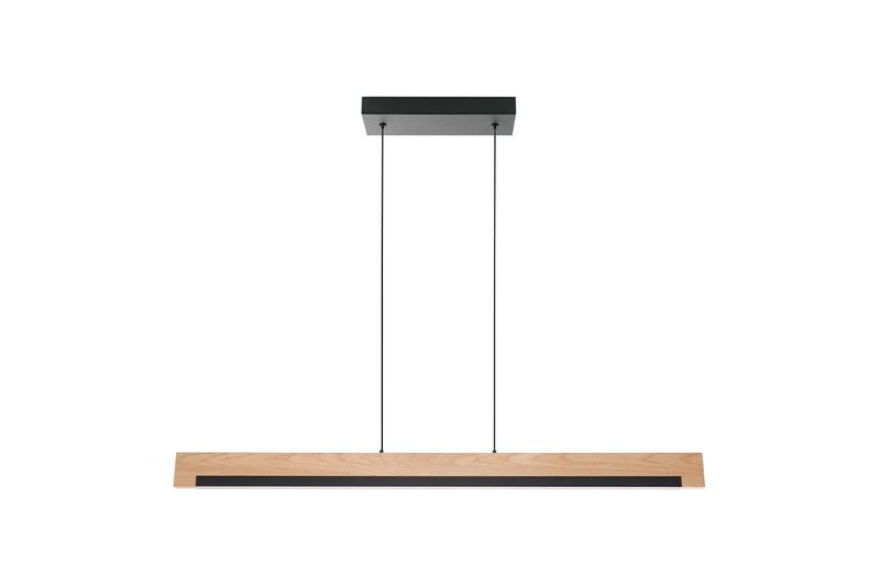 Lámpara colgante LED Camacho negro/madera Eglo, vista frontal de la luminaria alargada con soporte de techo