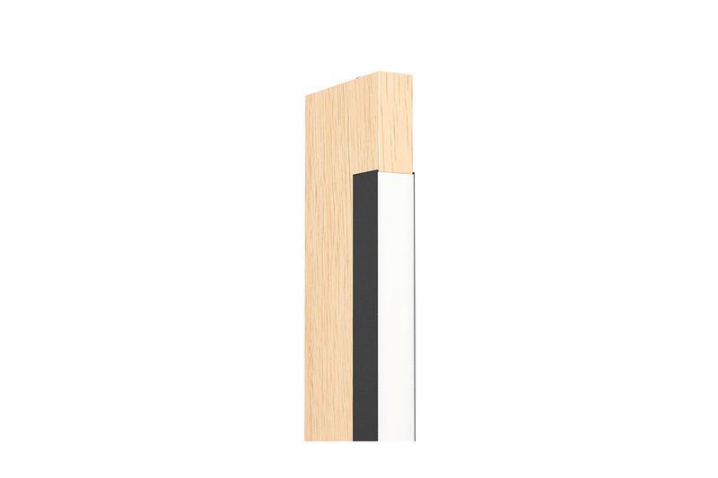 Lámpara de piso LED Camacho negro/madera Eglo, primer plano del detalle del acabado en madera y metal negro