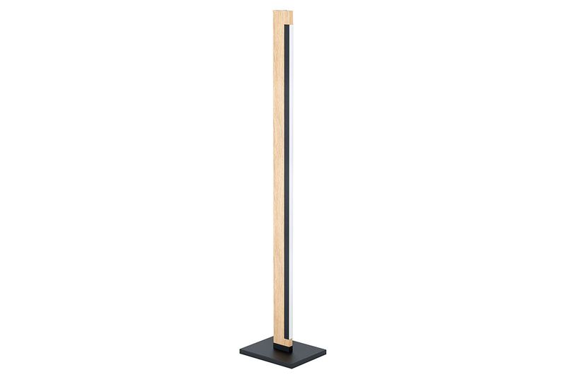 Lámpara de piso LED Camacho negro/madera Eglo, vista frontal del diseño lineal con base cuadrada negra