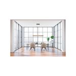 Lámpara colgante LED Camacho negro/madera Eglo, instalada sobre comedor en ambiente moderno con ventanales amplios