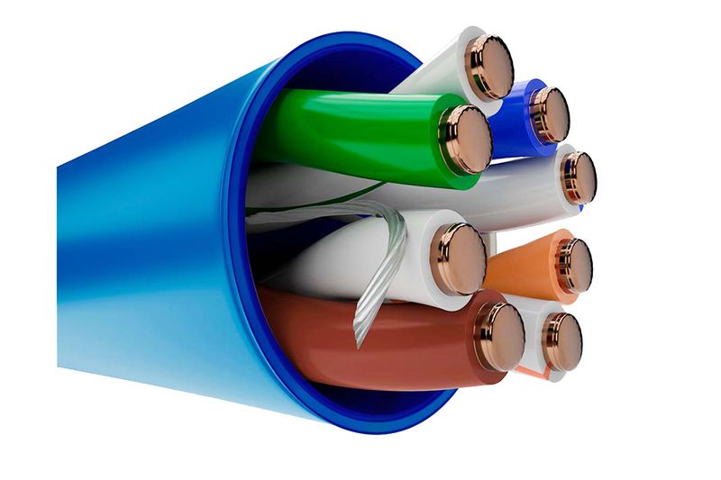 Cable UTP 4 par 25 AWG CM azul Cat5e Nexxt, ilustración del corte transversal mostrando los hilos internos de colores