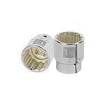 Llave copa corto 12 puntas Truper de 3/4 x 1 1/2 pulgadas, dos vistas del socket metálico cromado con grabado de medida