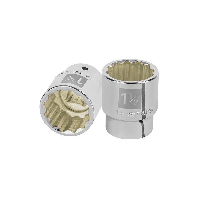 Llave copa corto 12 puntas Truper de 3/4 x 1 1/2 pulgadas, dos vistas del socket metálico cromado con grabado de medida