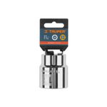 Llave copa corto 12 puntas Truper de 3/4 x 1 1/2 pulgadas, vista frontal con empaque de cartón azul y naranja