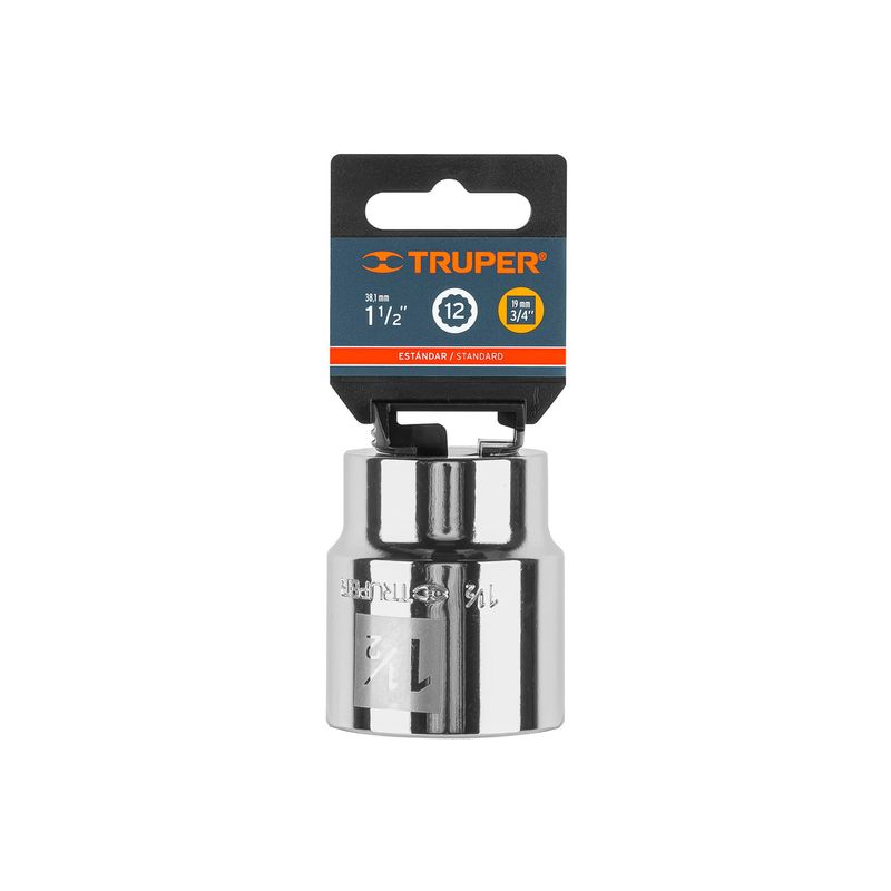 Llave copa corto 12 puntas Truper de 3/4 x 1 1/2 pulgadas, vista frontal con empaque de cartón azul y naranja