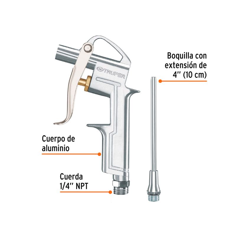 Pistola para sopletear Truper de 140 mm y 90 PSI, esquema con etiquetas del cuerpo de aluminio y boquilla de extensión