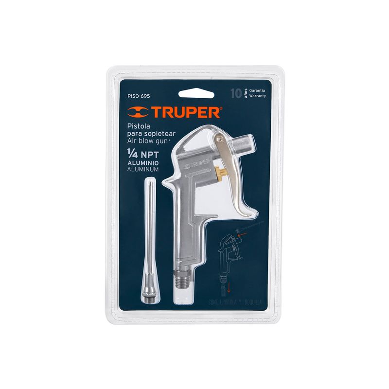 Pistola para sopletear Truper de 140 mm y 90 psi, en empaque blister con boquilla de extensión y manual de ensamblaje