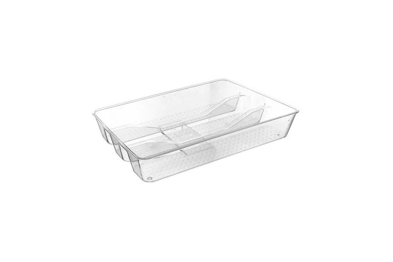 Organizador para cubiertos transparente Sinsa, vista diagonal superior que muestra los compartimentos internos