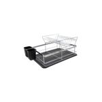 Escurridor para platos negro/plateado Life Art, vista lateral con bandejas de dos niveles y porta cubiertos negros