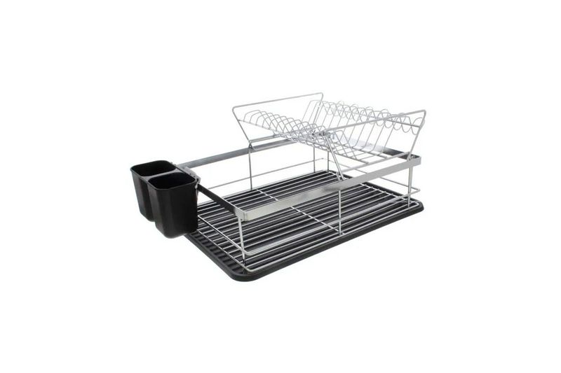 Escurridor para platos negro/plateado Life Art, vista lateral con bandejas de dos niveles y porta cubiertos negros