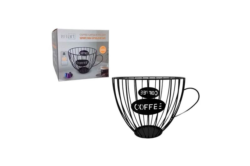 Soporte para cápsulas de café 21.5 x 16 x 14 cm Life Art, canasta metálica negra junto a su caja de empaque