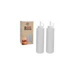 Botellas plásticas para salsa 2 piezas Bistró BBQ, set de dos botellas blancas junto a su caja de empaque
