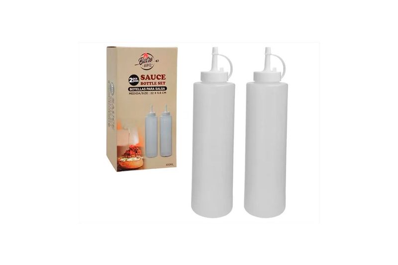 Botellas plásticas para salsa 2 piezas Bistró BBQ, set de dos botellas blancas junto a su caja de empaque