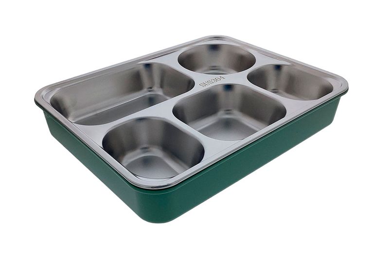 Envase plástico para alimento 1200 ml WindRose, vista superior del contenedor verde con insertos metálicos compartimentados