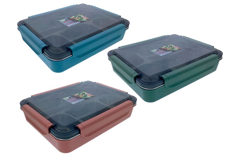 Envase plástico para alimento 1200 ml WindRose, tres unidades en colores azul, verde y rosa con tapas transparentes