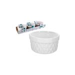 Set de ensaladera 3 piezas 160 ml blanco Life Art, un bowl en primer plano y el set completo en su empaque con lunares