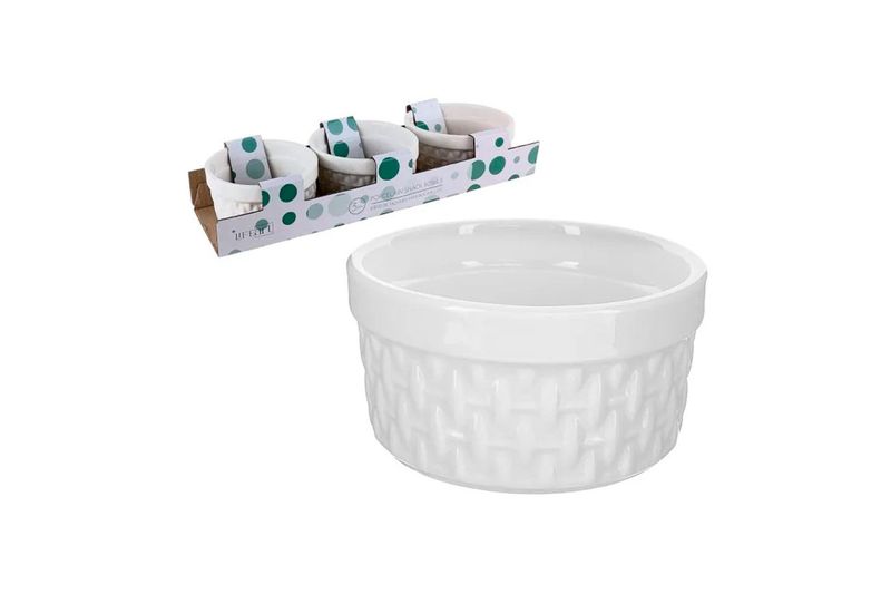 Set de ensaladera 3 piezas 160 ml blanco Life Art, un bowl en primer plano y el set completo en su empaque con lunares