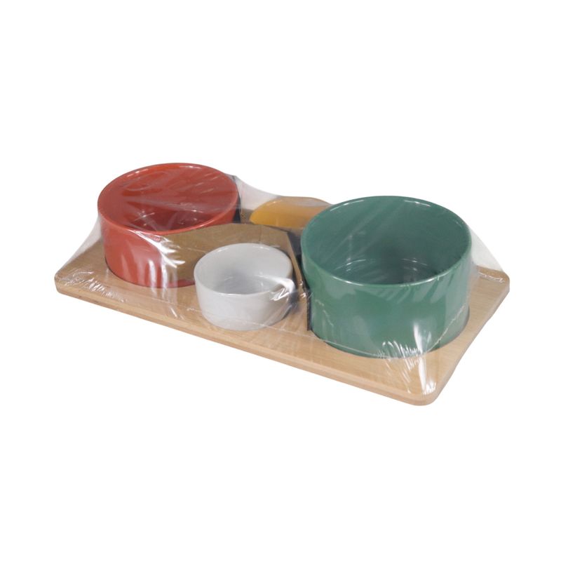 Set de tazón 5 piezas Life Art, vista superior del conjunto multicolor envuelto en plástico sobre base de madera