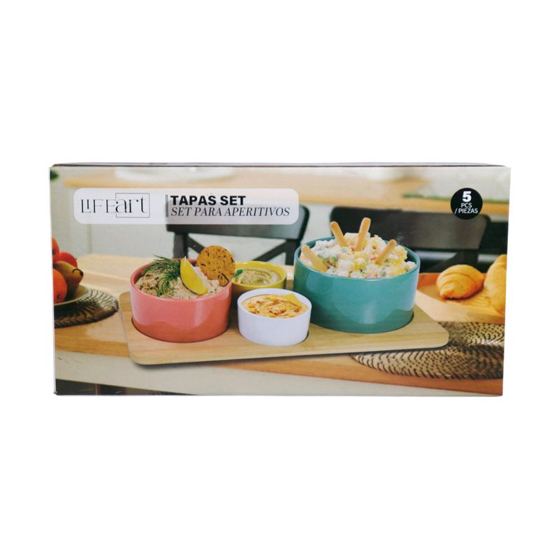 Set de tazón 5 piezas Life Art, empaque con fotografía de los Tazones en colores rosa, blanco y turquesa con comida