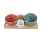 Set de tazón 5 piezas Life Art, envuelto en plástico sobre base de madera con cuencos rojos, verdes, amarillos y blancos