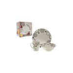 Juego de vajilla 12 piezas blanco y negro con diseño Gibson Home, plato, taza y bowl junto a su empaque