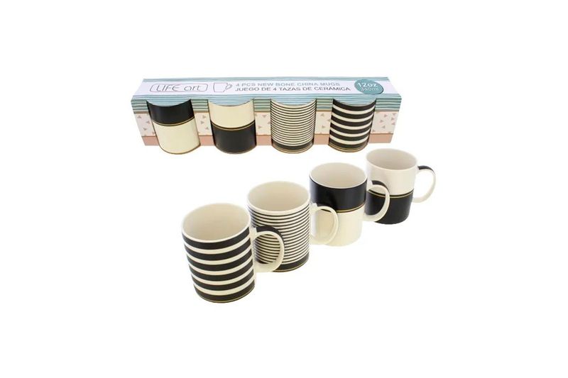 Juego de tazas de 4 piezas y 12 onzas Life Art, cuatro tazas con diseños negros y blancos junto a su caja