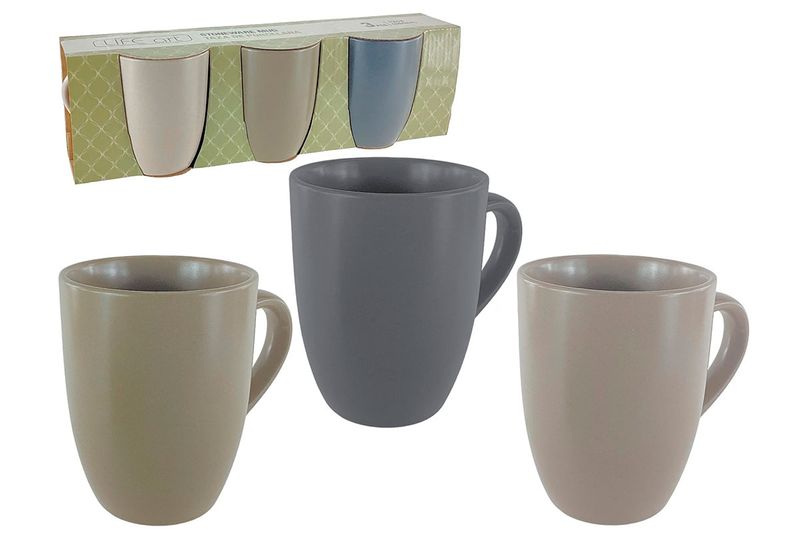 Juego de tazas de 3 piezas y 12 onzas Life Art, tres tazas en tonos gris y beige frente a su empaque original