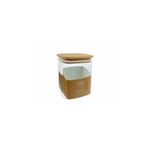 Contenedor para organización 600 ml Bistró, vista frontal del frasco de vidrio con tapa de madera y etiqueta marrón