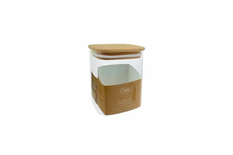 Contenedor para organización 600 ml Bistró, vista frontal del frasco de vidrio con tapa de madera y etiqueta marrón