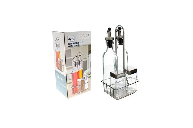 Organizador para condimentos 4 piezas Life Art, conjunto de botellas y frascos de vidrio con soporte junto a su caja