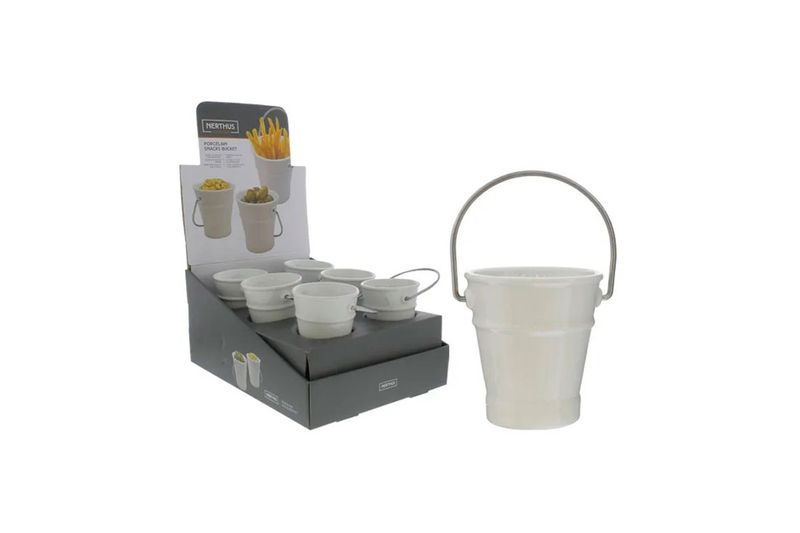 Cubo para bocadillos 25 x 18 x 37 cm Nerthus, pieza blanca con asa metálica junto a su empaque con varios cubos