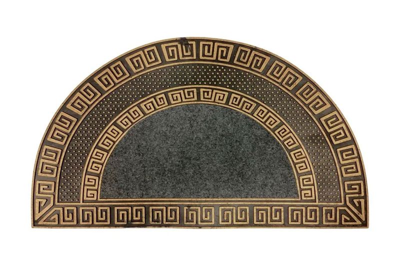 Alfombra decorativa media luna 40 x 70 cm Home Living, vista cenital con bordes dorados y centro gris oscuro