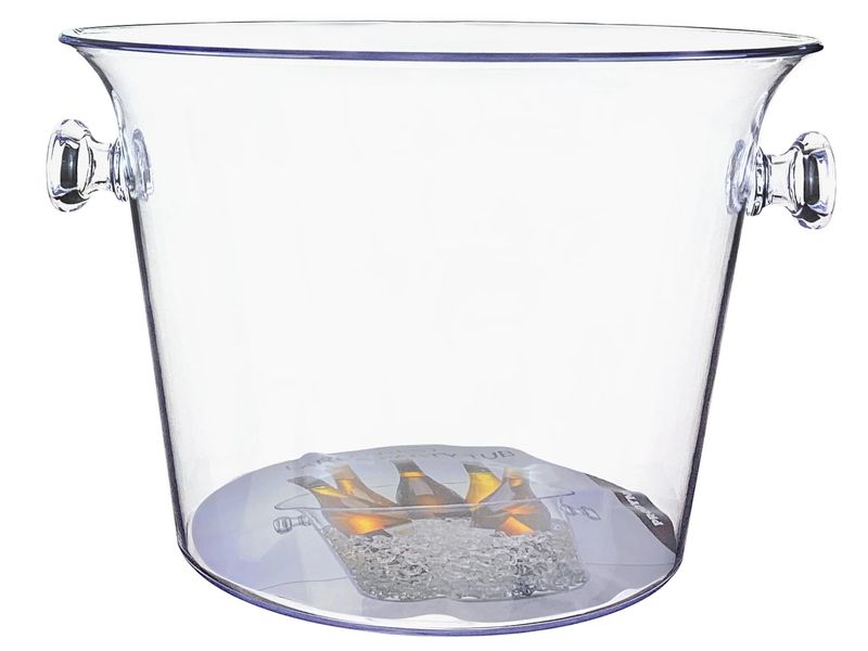 Cubo para hielo 22 x 33 cm Prodyne, vista frontal del recipiente transparente con asas laterales y fondo blanco