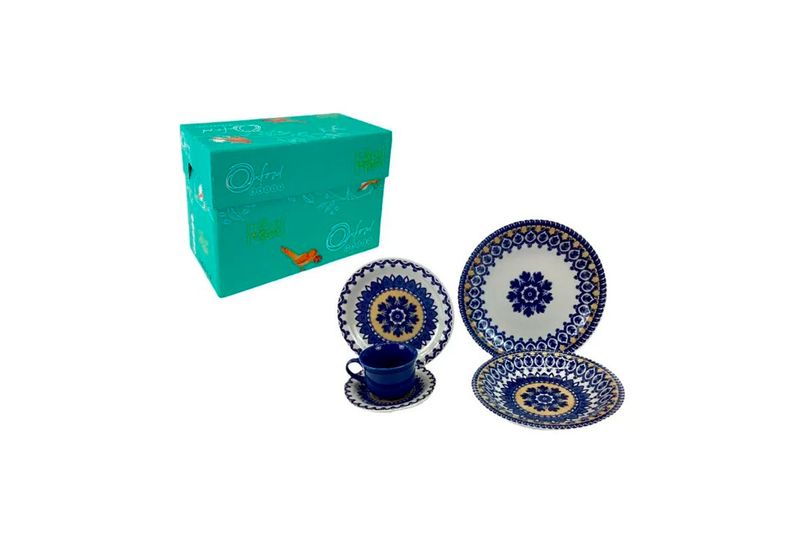 Juego de vajilla 20 piezas azul y blanco Oxford, piezas seleccionadas junto a su caja de empaque color turquesa
