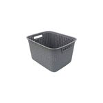 Cesta para ropa blanca 61 cm Sterilite, vista diagonal superior del contenedor plástico gris con asas laterales