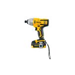 Atornillador de impacto inalámbrico de 1/4 pulgada y 20V Pretul, vista lateral en color amarillo y negro con batería puesta