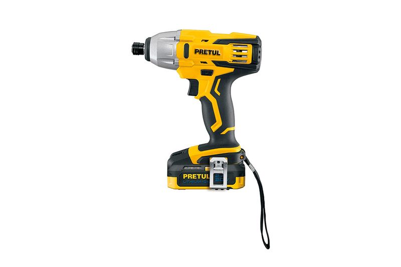 Atornillador de impacto inalámbrico de 1/4 pulgada y 20V Pretul, vista lateral en color amarillo y negro con batería puesta
