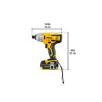 Atornillador de impacto inalámbrico Pretul de 1/4 pulgada y 20V, esquema con medidas de largo 19 cm y alto 23 cm