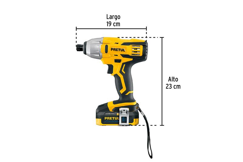 Atornillador de impacto inalámbrico Pretul de 1/4 pulgada y 20V, esquema con medidas de largo 19 cm y alto 23 cm