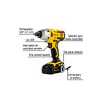 Atornillador de impacto inalámbrico de 1/4 pulgada y 20V Pretul, esquema técnico con etiquetas de sus funciones