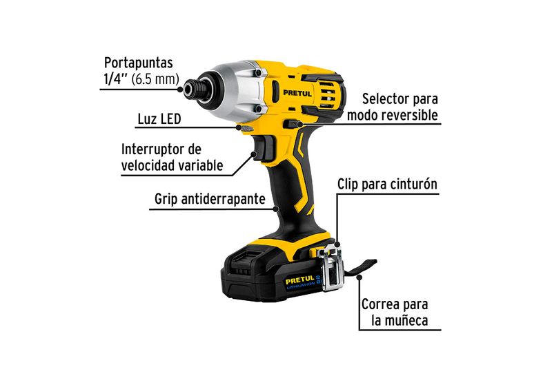 Atornillador de impacto inalámbrico de 1/4 pulgada y 20V Pretul, esquema técnico con etiquetas de sus funciones