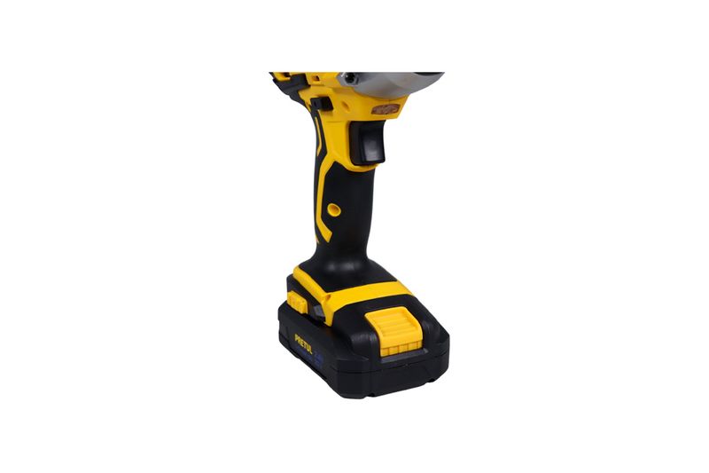Atornillador de impacto inalámbrico Pretul de 1/4 pulgada y 20V, primer plano del mango ergonómico amarillo y negro